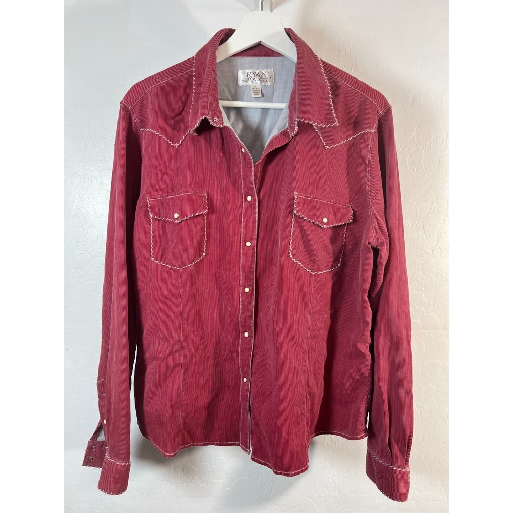 Ryan Michael Silk Cotton Corduroy Western Pearl Snap Shirt Mens XL Red Vintage